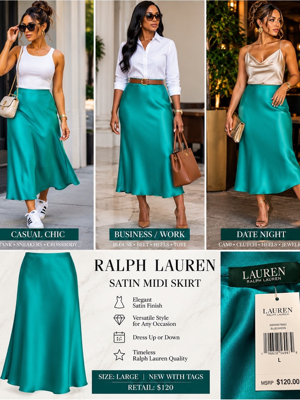 NWT Lauren Ralph Lauren Teal Satin Midi Skirt Women’s Size 12